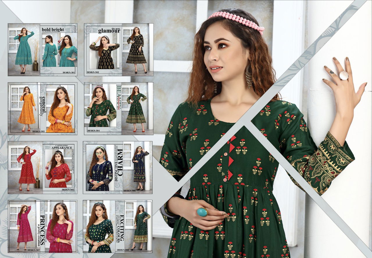 Trendy Nakshtra Ethnic Wear Rayon Printed Designer Anarkali Kurtis Collection
